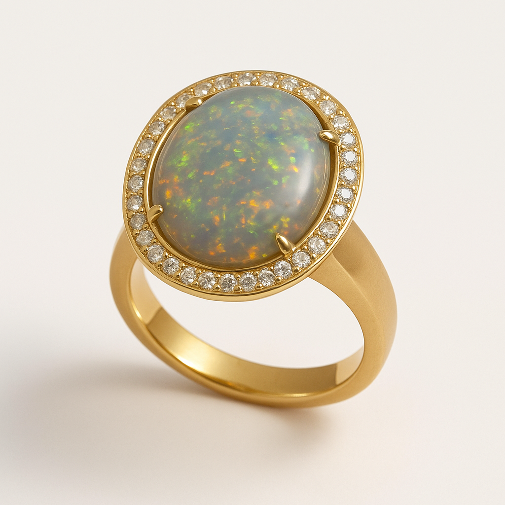 Oval Fire Opal and Diamond Halo Ring in 18K Yellow Gold